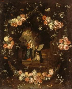 Jan Van Kessel : Madonna with the Child and St Ildephonsus Framed with a Garland of Flowers